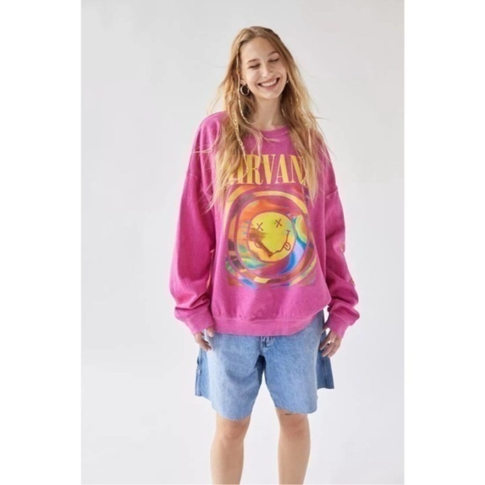 Nirvana Pink Yellow Graphic Oversized Sweatshirt S